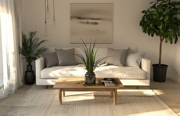A simple and elegant living room, a white sofa is adorned with grey pillows. A wooden coffee table sits in the center, complemented by a potted plant placed to its left side