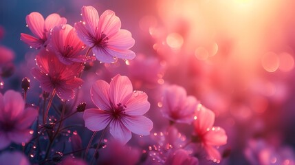   A scene of numerous pink blooms, each with shimmering water droplets, under a radiant sun against a softly blurred backdrop