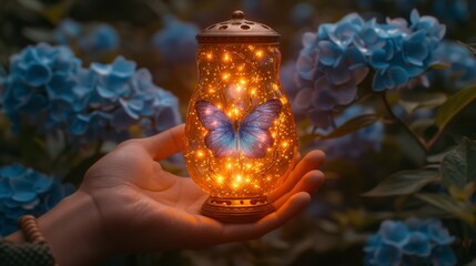   A person tightly holds a lamp with a butterfly perched on it against a backdrop of blue flowers
