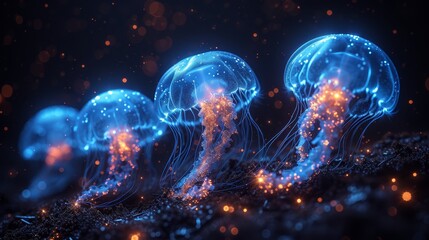   A collection of jellyfish hovering above a water body under a night sky adorned with stars