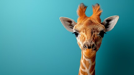   A tight shot of a giraffe's face against a blue backdrop, superimposed with a softly blurred depiction of its head - obrazy, fototapety, plakaty
