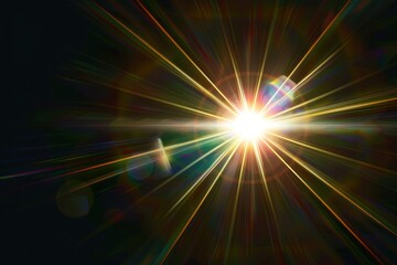 Abstract sun burst, digital flare, iridescent glare, lens flare effects over black background for overlay designs