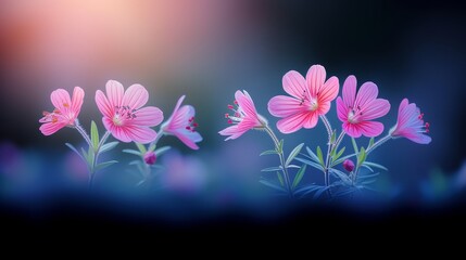   A cluster of pink blooms adjacent on a blue-black backdrop with softly blurred surroundings