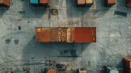 Aerial view of a red shipping container among various colored containers. Logistics and shipping concept