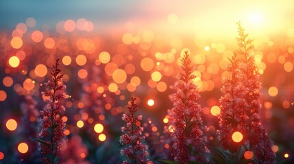   A clearer image of a flower field under bright sun, sunrays filtering through the flowers' bokeh - obrazy, fototapety, plakaty