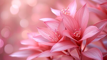   A pink flower, tightly framed, against a backdrop of pink and white Background softly lit with a blurred scene of glowing lights