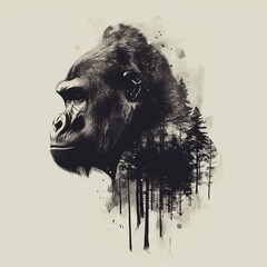   A monochrome image of a gorilla's head against a backdrop of trees and watercolor specks