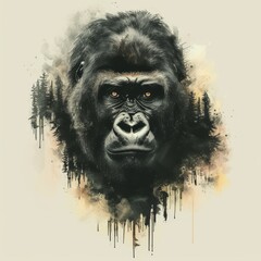   A gorilla's face in a painting, covered with splatters of paint
