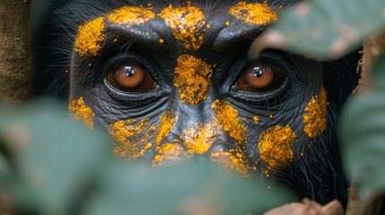 Fototapeta premium A tight shot of a monkey's face adorned with yellow and black paint around its features, including the eyes