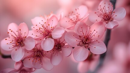   A tight shot of pink blooms on a tree limb, surrounded by a softly blurred foreground
