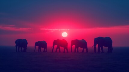   A group of elephants assembles in a field as the sun sets, its orb occupying the center of the sky