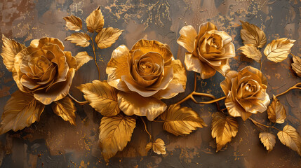 Golden roses on black background elegant golden roses flowers wall art. Generative AI