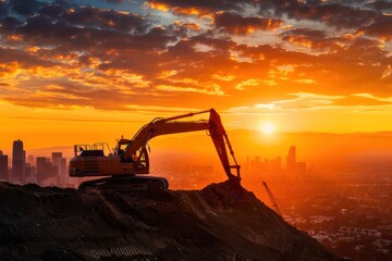 An excavator silhouetted against a dramatic sunset, city background - obrazy, fototapety, plakaty