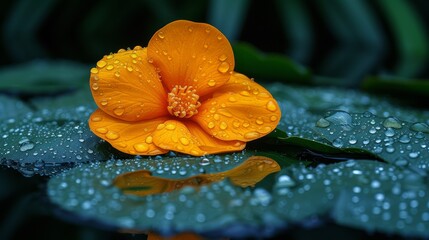   A tight shot of a flower atop a wet leaf, with water droplets adorning its petals and surrounding foliage