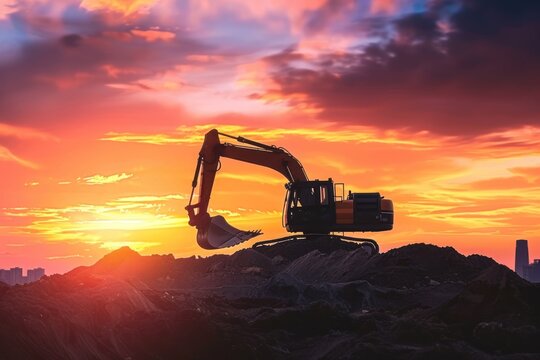 An excavator silhouetted against a dramatic sunset, city background