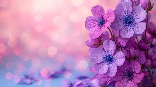   Purple flowers in bundles sit atop a blue-pink tablecloth Blurred lights hover behind
