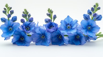   A cluster of blue blooms sits atop a pristine white table, adjacent to an unadorned white wall