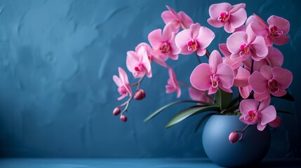   A blue vase, brimming with pink blooms, sits atop a blue table Nearby, a blue wall extends, mirrored by another identical one behind the scene