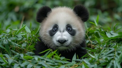   A black-and-white panda sits atop a verdant field, near a mound of green leaves