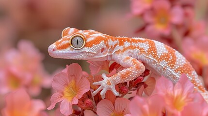   A small orange-white gecko atop a pink bloom, surrounded by pink and yellow flowers; hazy backdrop of pink and yellow blossoms