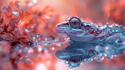   A tight shot of a tiny alligator beside a water body, adorned with water beads on its skin Background includes blooming flowers
