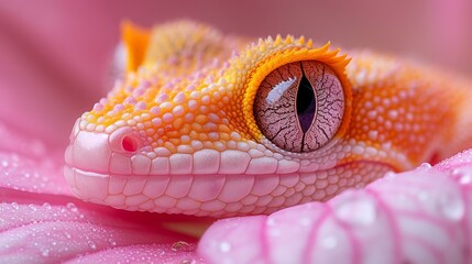   A tight shot of a lizard's eye focused on a pink flower, adorned with water droplets on its petals
