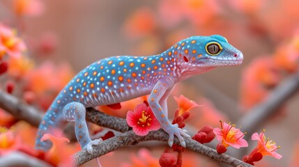   A gecko, colored blue and orange, perches on a tree's branch Red and yellow flowers fill the background