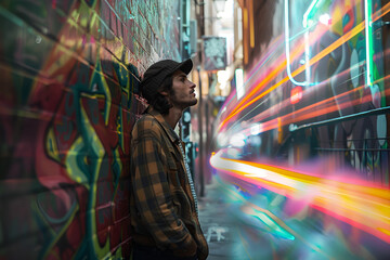 Man leaning against a graffiti-covered wall in an alley, background blurred - obrazy, fototapety, plakaty