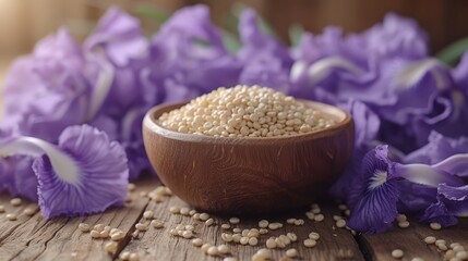   A wooden table holds a wooden bowl brimming with sesame seeds Nearby, purple flowers bloom A wooden spoon rests in front