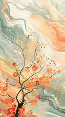 An abstract wallpaper illustration inspired by the transition from spring to summer in May, featuring swirling patterns of blooming flowers and emerging leaves against a warm, pastel sky.