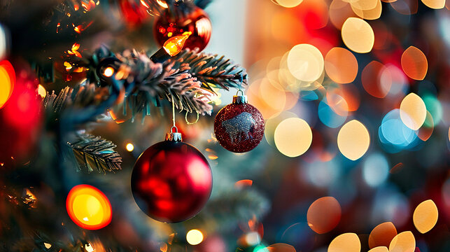 Árbol de Navidad con adornos y luces brillantes borrosas