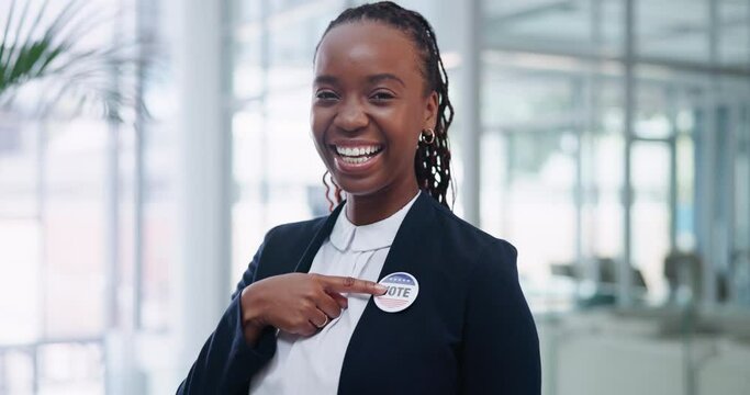 Vote, badge and face of black woman pointing for politics, elections or patriotic. Government, happiness and portrait female person with pin for registration, choice and support for democracy