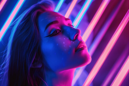 Retrato de una mujer joven e impresionante que presenta un aura de ne&oacute;n radiante alrededor del sujeto 