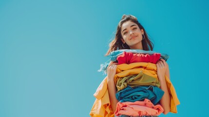 Young woman holding a stack of colorful folded clothes against a blue sky background. Minimalist composition with copy space. Fashion and lifestyle concept