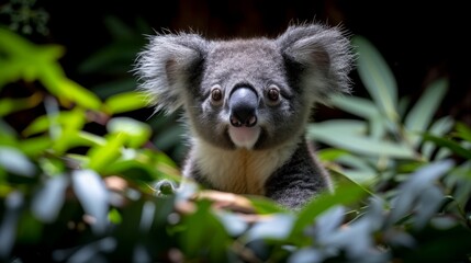   A tight shot of a koala in a tree gazing at the camera, revealing a joyful smile