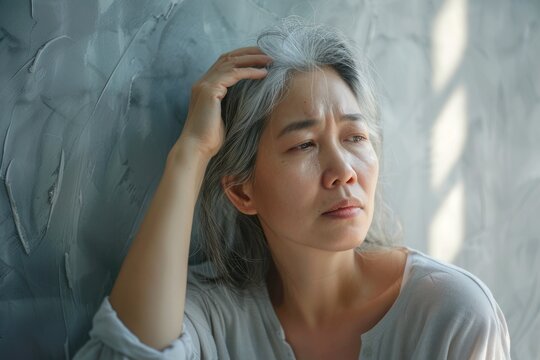 Asian grey haired woman depressed suffer from grieve, migraine, feeling stressed, sick, tired, thinking bad news