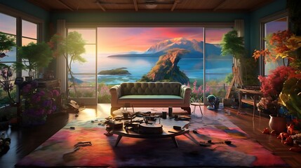 an aesthetically pleasing AI image of a living room, overlooking an island surrounded by nature, with a focus on vibrant and lively colors