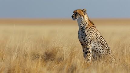 Naklejka premium A cheetah sits in a field of tall, dry grasses beneath a blue sky