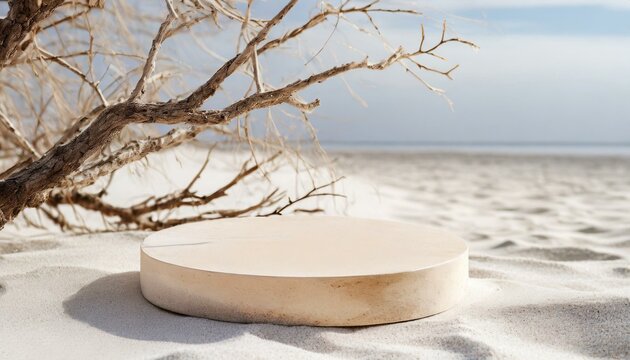 Empty round beige platform podium with sea shells and starfish on white beach sand background. Minimal creative composition background for cosmetics or products presentation