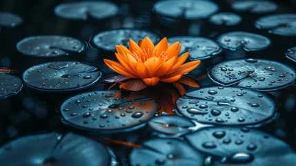Foto op Canvas   A solitary orange blossom atop a pond of water lilies, adorned with beads of water © Wall