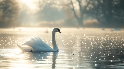   A white swan floats atop a tranquil lake, surrounded by numerous waterfowl