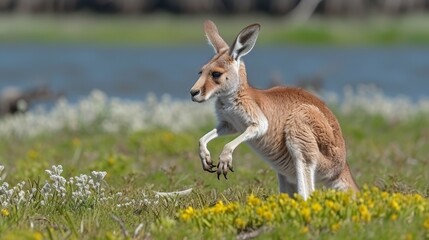  A small kangaroo atop a lush green field, adjacent to a body of water, on a grass-covered expanse - obrazy, fototapety, plakaty