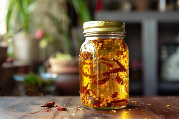 Chili oil in jar on the kitchen - obrazy, fototapety, plakaty