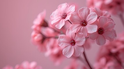   A pink flower, focused closely against a uniform pink backdrop, with soft-blurred flowers in the rearground