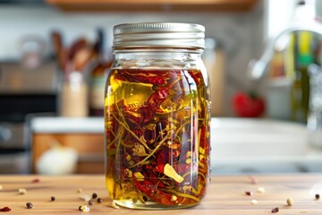 Chili oil in jar on the kitchen - obrazy, fototapety, plakaty