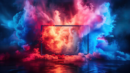 TV Abstract template on dust powder explosion Holi backdrop. Indian traditional Holiday, colorful powder explosion, paint splash. Generative AI