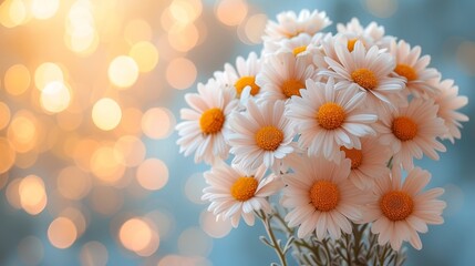   A tight shot of daisies in a vase, with a soft, blurred backdrop of diffused light