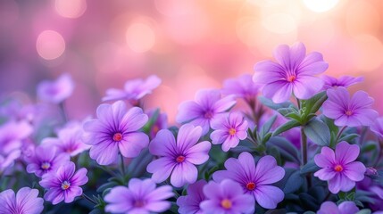   A close-up of numerous purple flowers with a blurred backdrop of bokeh'd light