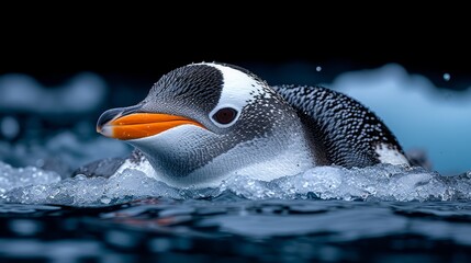   A tight shot of a penguin submerged in water, ice forming at its beak - obrazy, fototapety, plakaty