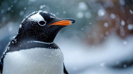   A tight shot of a penguin, covered in snow on its face, and a tree in the background with soft focus